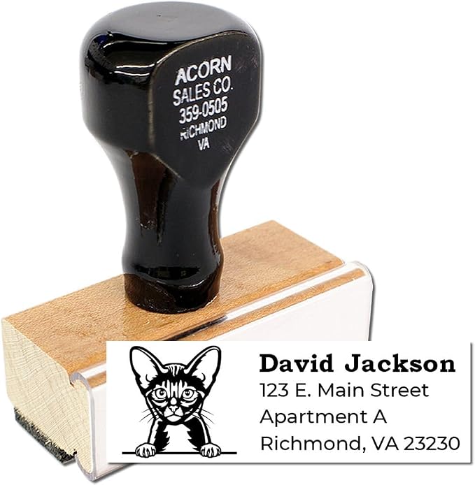 Peeking Abyssinian Cat Wood Handle Address Stamp - Custom Stamp for Mail | Any standard pad works. Abyssinian Cat Envelope Stamp. Custom Address Stamp for Pet Sitters. 4 lines. Nothing to dry out.