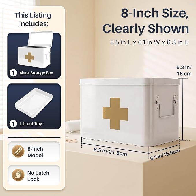 Flexzion Large Metal First Aid Box Empty, 8.5-Inch, White with Gold Cross | Vintage Medicine Box and First Aid Storage Organizer with Removable Tray and Dividers; Empty Box Only, Supplies Not Included