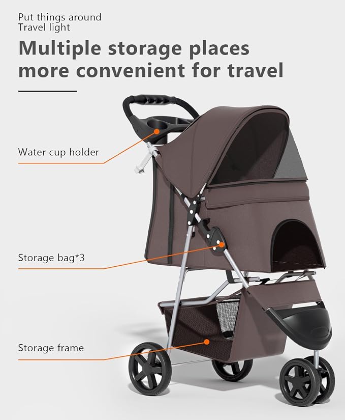 OS MOTOR 3 Wheels Pet Stroller for Small Medium Pets, Coffee | Foldable Carrier Jogger, Rear Wheel Breaks, Storage Basket, Visible Mesh Weather Cover, Portable, Dog, Cat, Puppy, Kitty