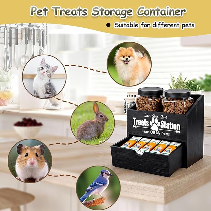 Pet Food Storage Container with Drawer, Wooden Dog Treat Container | Black Pet Food Storage with 2 Plastic Dog Treat Jars for Dog and Cat,Wood Cat Treat Container, Dual Desk & Wall Mount Design