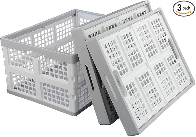 Vababa 28 L Plastic Collapsible Storage Bins, Set of 3 | Stacking Utility Foldable Basket, Collapsible Crates, Ideal for Groceries, Toys, Sundries, Household Supplies Storage