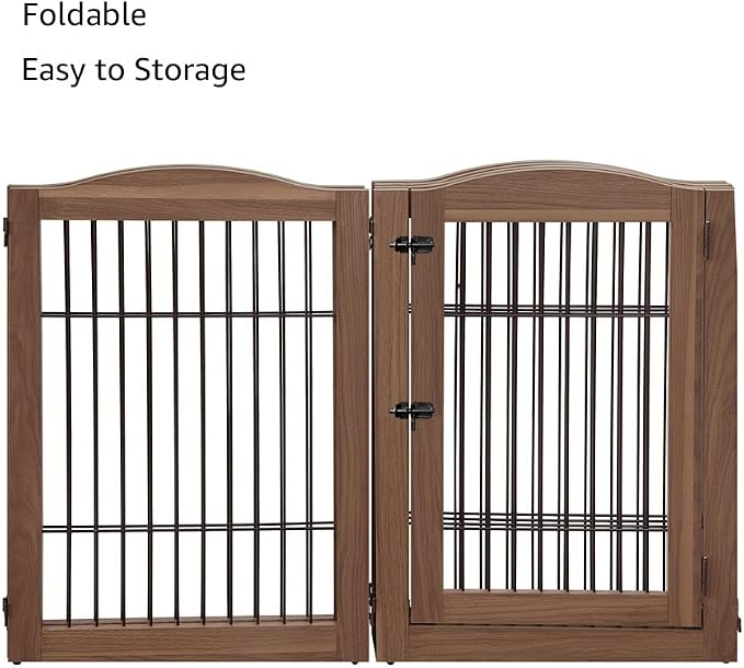 unipaws 132" Extra Wide Dog Gate and Pet Playpen with Walk Through Door | Free Standing Tall Dog Fence, Barriers for Home, Use as Indoor Dogs Cats Pen, Rabbit Pen, Walnut