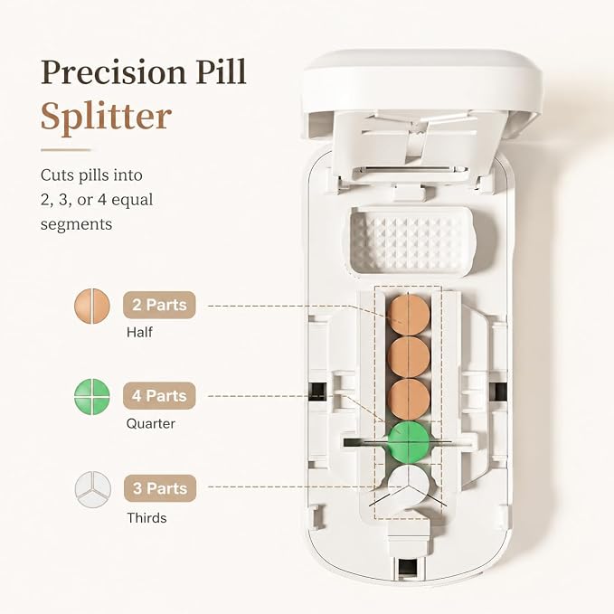 Pill Cutter | Pill Splitter for Small or Large Pills | Design in The USA| Cuts Vitamins |- Adjustable Splitter Easy to Clean, Safe for Seniors, Kids, Pets (Beige)