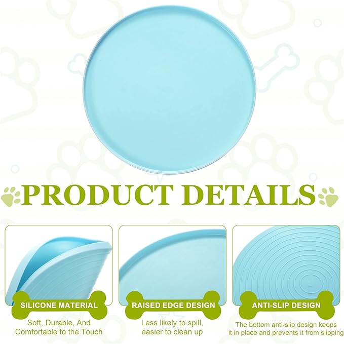 Cat Food Mat, 7x7 Inch Silicone Pet Feeding Mat Non-Slip Round Waterproof Dog Water Bowl Tray Raised Edge Protects Floors (4Pcs, Blue), Intended for Pets Bowl/Fountain