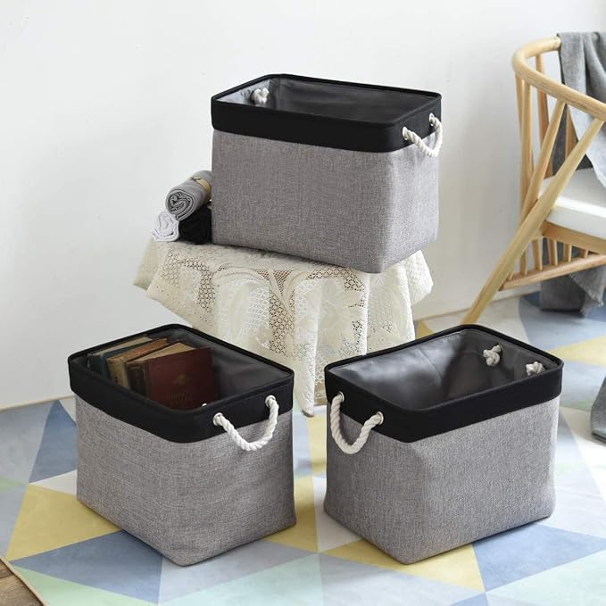 Storage Basket for Organizing - 16x12x12 inch Cube Storage bin 3 Pack Fabric Storage Cubes, Collapsible Storage Box for Organizer Cloth Gift Toy Closet (Black & Grey)