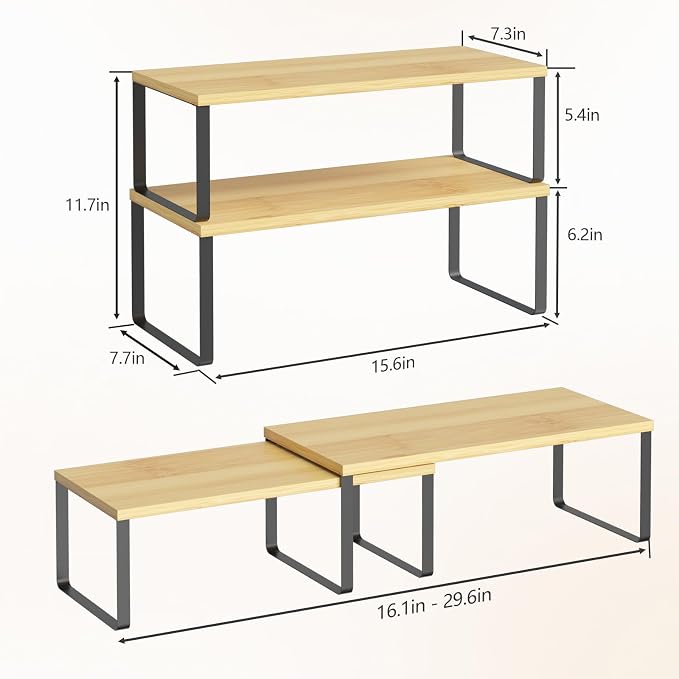 NEX Kitchen Cabinet and Counter Shelf Organizer, Stackable & Expandable, Set of 4, Black and Natural - 7.7 x 15.6 x 6.2''