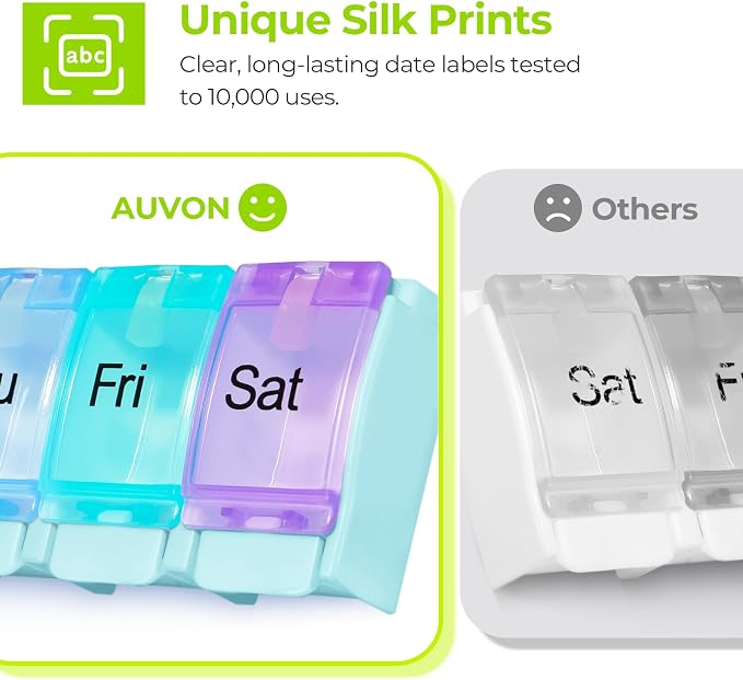 AUVON Weekly Pill Organizer Arthritis Friendly, BPA Free Travel 7 Day Pill Box Case with Spring Open Design and Large Compartment to Hold Vitamins, Cod Liver Oil, Supplements and Medication