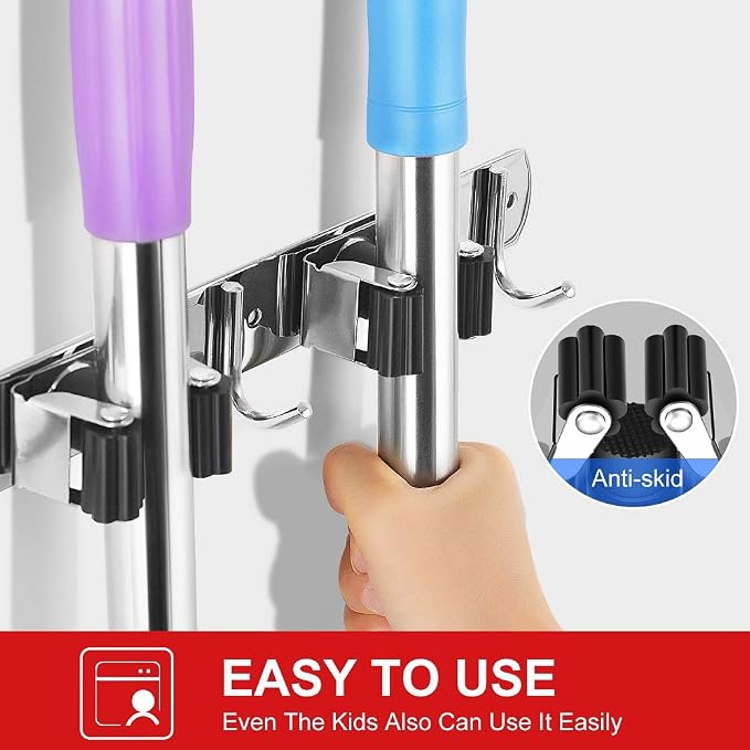 IMILLET Broom Holder Wall Mount Stainless Steel Mop Organizer | 3 Racks 4 Hooks Heavy Duty Garage Organization Storage,Broom and Mop Organizer Wall Hanging Self Adhesive for Laundry Room