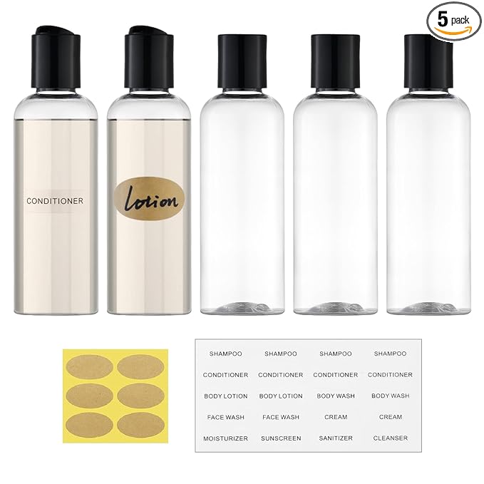 Travel Bottles for Toiletries, 3.4 oz Travel Size Containers, 5pcs, Clear | Squeezable empty plastic bottles, TSA approved, leak proof, with labels, for liquids & shampoo lotion, gym essentials