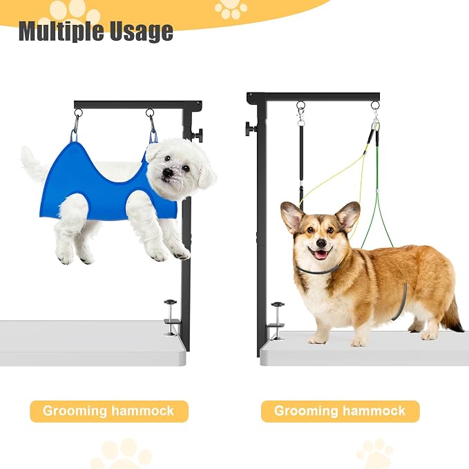 Foldable Dog Grooming Arm with Clamp - Adjustable Grooming Table Arm with No-Sit Holder & Hammock, Includes Pet Grooming Scissors & Comb Set | for Small Medium Dogs | Home Use & Professional Salon