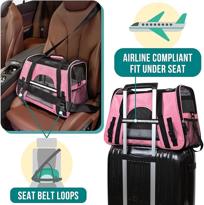 PetAmi Airline Approved Pet Carrier for Cats & Small Dogs, Large, Pink | Soft Sided TSA Travel Bag, Sherpa Bed, Breathable Mesh Ventilation, Collapsible Bowl, Fits Under Seat, Up to 18 lbs