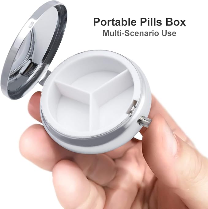 Cute Coffee and Care Collection Round Pill Box with 3 Compartments, Portable Travel Pill Organizer with Spring Snap Closure for Vitamins Supplements Fish Oil