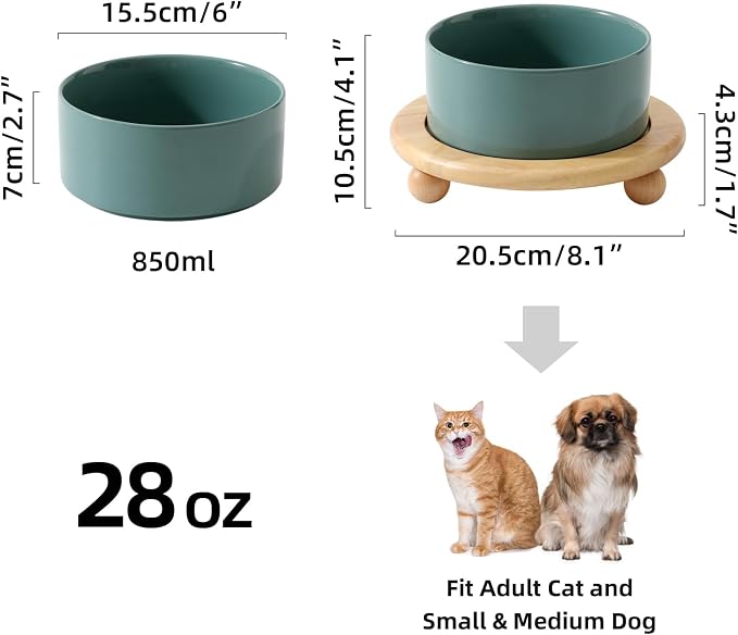 Havniva Raised Cat Bowl 6.1” Elevated Ceramic Cat Food and Water Bowl | Cat Bowls Elevated, Whisker Friendly Cat Bowl, Non-Slip Wood Stand, Food-Grade Ceramic, Wide Opening, Dishwasher Safe