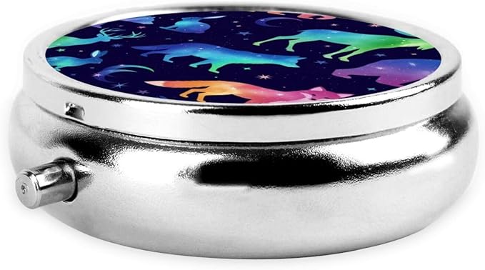 Travel Pill Dispenser, Round Small Organizer, Metal Case for Medicine, Pocket Purse Container for Camping Trips, Space Galaxy Deer Bear Moose Fox Wolf Wild Animals