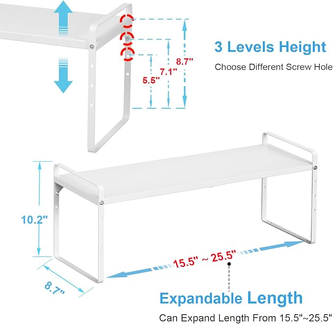 15.5 to 25.5 Inch Kitchen Cabinet Shelf Organizers, Adjustable Kitchen Counter Shelf Organizer, Set of 3 Expandable Countertop Storage Shelves, Stackable Design, 30LBS Heavy Duty, Space Saver