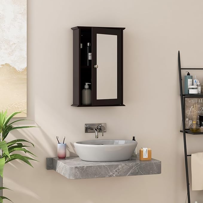 LOKO Bathroom Medicine Cabinet, Wall Mounted Storage Cabinet (Brown) | Single Mirrored Door | Adjustable Shelf | For Bathroom, Living Room, Entryway | 13.5 x 6 x 21 inches