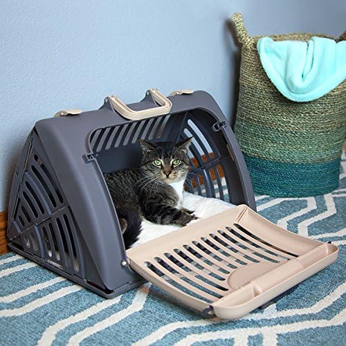 SportPet LARGE Hard-Sided Travel Cat Carrier - Cat Carrier with Patented Wide Side-Opening Door, Foldable Portable Pet Carrier with Removable Bed for Cats & Small Pets up to 25lbs - Gray/Tan