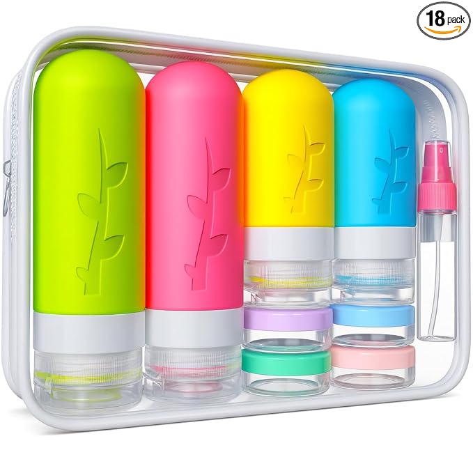 Tocelffe TSA Approved Travel Bottles Set – 18 Piece Leak-Proof Silicone Toiletry Kit with Clear Bag, Refillable Bottles, Jars, Spray Bottle & Accessories for Shampoo, Lotion and Body Wash