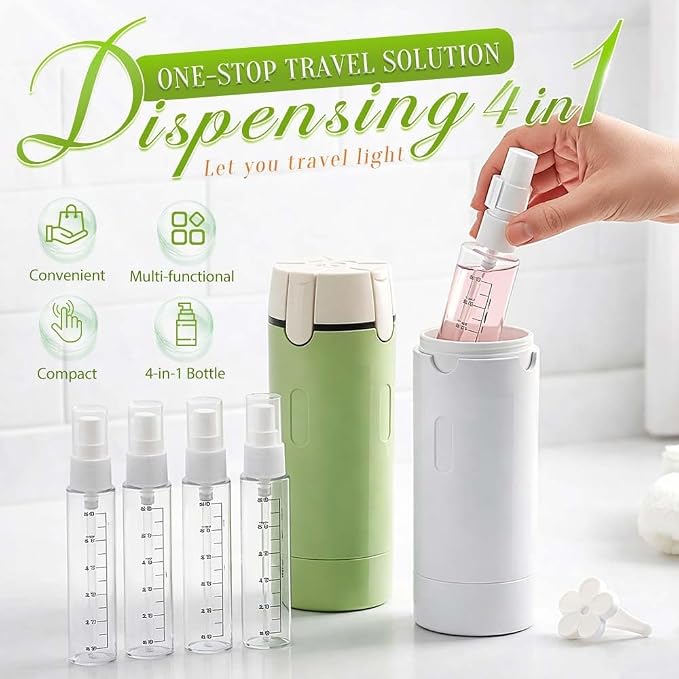 HISKI 4 in 1 Travel Bottles for Toiletries,Portable Travel Toiletries Bottle Set, Portable Containers for Shampoo Lotion Conditioner Cream Transparent with Scale and Label (Green-1)