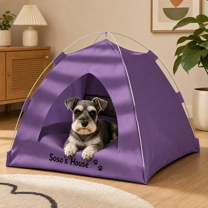 Personalized Dog Cat Pet Tent for Indoor with Name & Paw Print Multicolor | Portable Foldable Pet Cave Bed, Breathable Mesh Window, Removable Washable Cushion, Ideal for Kittens, Puppies,Small Breeds