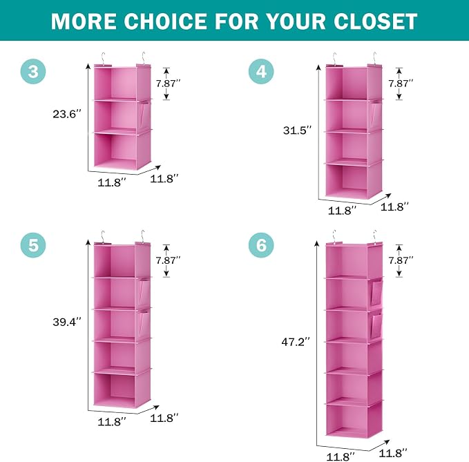 YOUDENOVA Hanging Closet Organizer and Storage, 4-Shelf, Light Pink | Locker/RV/Camper Organizer, Side Pocket, Hanging Shelves for Small Closet, Dorm Room Essentials for Guys, Breathable Fabric