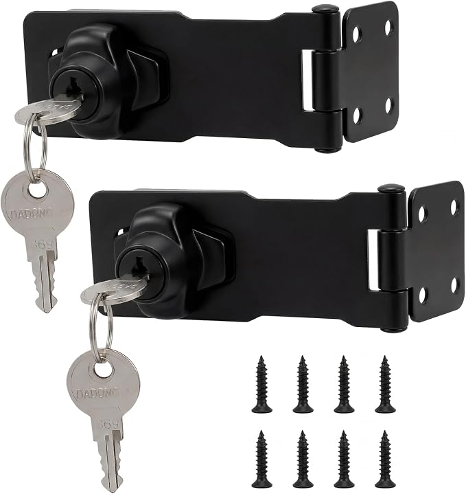 2 Pcs 4 Inch Hasp Lock, Black | Metal Twist Knob, Keyed Locking with Keys, With Screws, For Small Doors Cabinets Toolboxes and Storage Units
