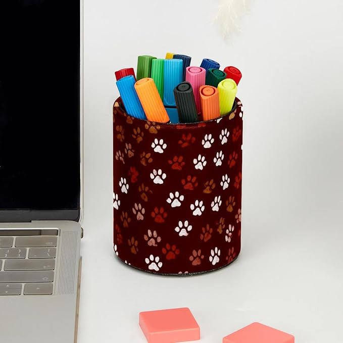 Faux Leather Pen Holder for Desk, Pencil Organizer Pet Paws Pen Cup Desk Decor Makeup Brush Holder Storage for Office Home
