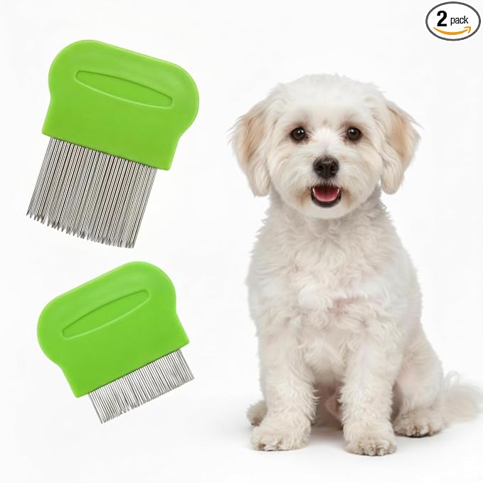 Pets&Goods Tear Stain & Flea Remover Comb Set for Dogs & Cats – Stainless Steel Eye Grooming Tool for Stains, Crust & Mucus – Gentle, Safe, Reusable – Pack of 2 (Green)