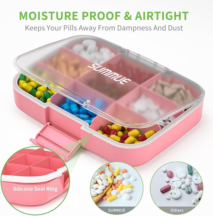 Large Pill Organizer, 9 Compartments Portable Travel Pill Box Case Moisture Proof, XL Pill Container Holder for Vitamins, Cod Liver Oil, Supplements, Medication (Pink)