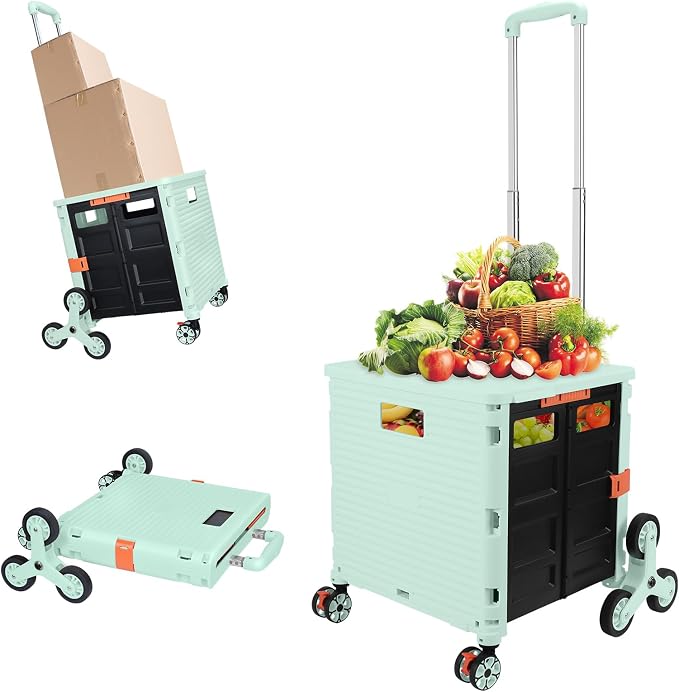FELICON SELORSS Folding Utility Climber Cart Portable Rolling Crate-Green | Stair Climbing Wheels+360°Swivel Wheels,Telescoping Handle,Plastic Box Dolly for Travel Shop Move Laundry Office Teacher Use