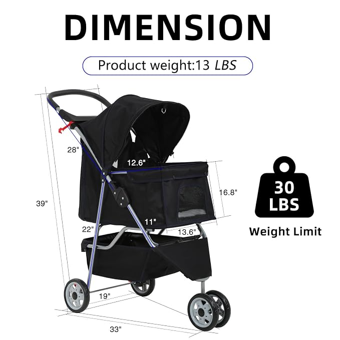 Pet Jogger Stroller, 3-Wheel Folding Carrier for Small Dogs & Medium Pets, Waterproof with Cup Holder & Removable Liner (Black)