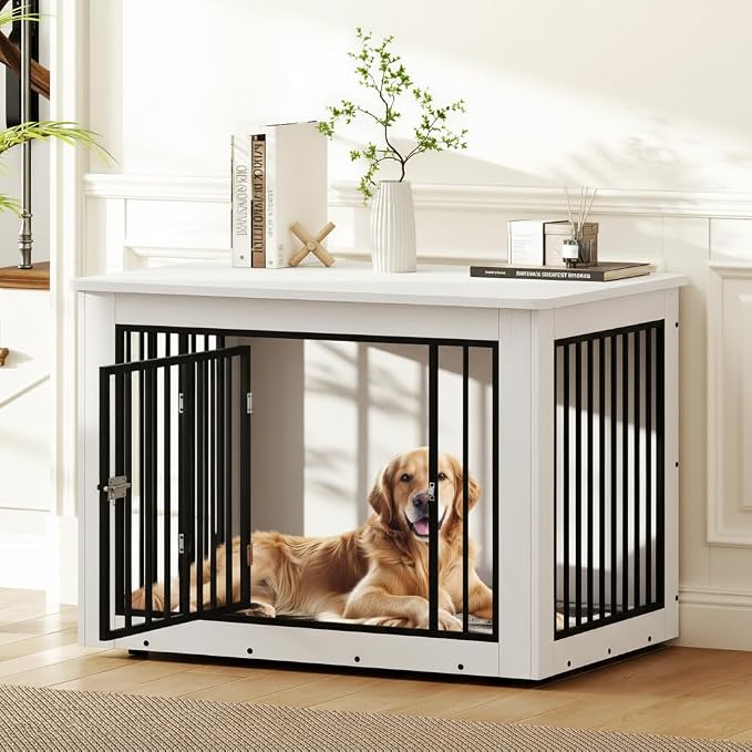 DWVO 38 Inch Dog Crate Furniture Chew-Resistant for Dogs | Dog Kennel Indoor Furniture End Table, Farmhouse Decorative Wooden Cage, Chew-Resistant, White