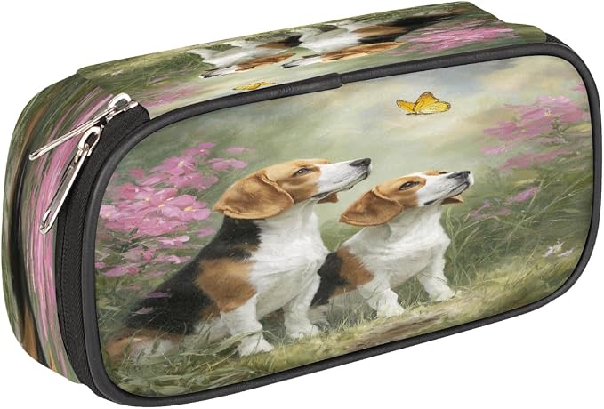 Pencil Case Large Capacity Pencil Bag Two Cute Beagle Dogs Floral Pouch Box Organizer Pen Case, School Supplies for Teen Adult