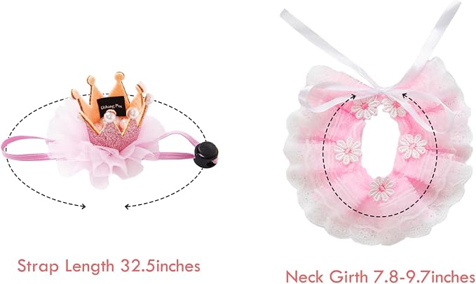 Cat Princess Costumes Cat Crown Hat & Lace Bandana Scarf Set, Puppy Party Hat for Small Dogs & Cats, Lace Outfit for Cats and Small Dogs Birthday Party (Pink)