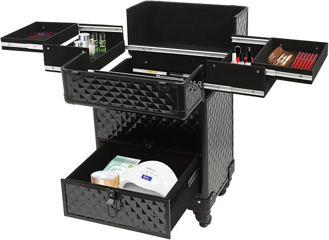 Makeup Rolling Case, Professional Rolling Nail Case Wheeled Manicure Storage Case Polish Organizer w/ Universal Wheels, Portable Adjustable Studio Travel Cart for Nail Technicians Hairstylist (Black)