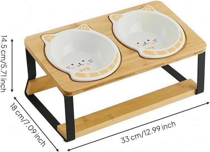 Cat Bowl Stand Elevated Feeder Raised Holder Double Dish Organizer Bamboo Wood and Iron Slanted Feeding Board with Two Round Slots Suitable for Cats