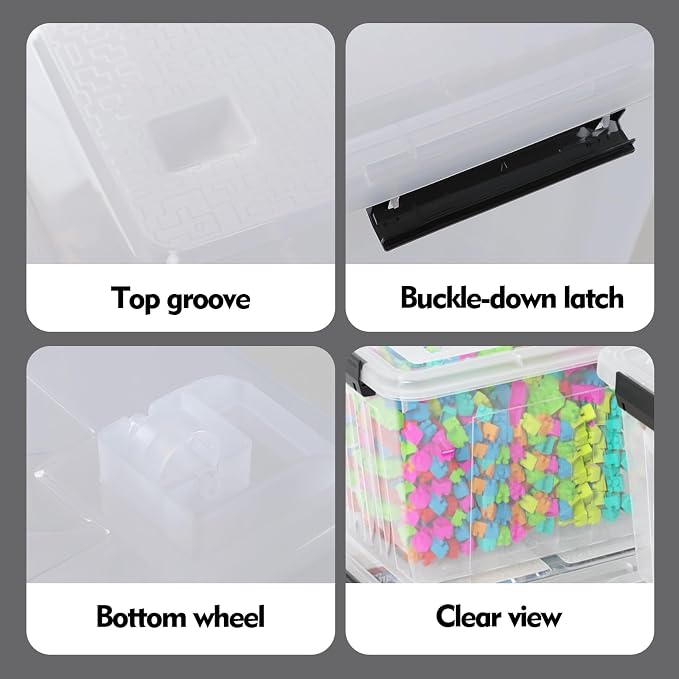 50 Quart Large Clear Plastic Storage Bins with Lids, 4 Packs | Stackable Plastic Organization Boxes with Wheels