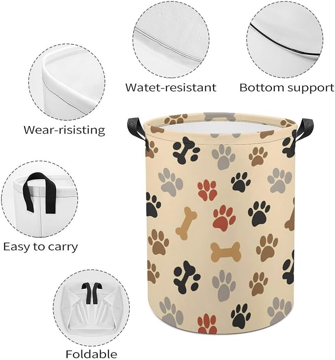 Collapsible Waterproof Laundry Basket Dog Bone Paw Prints Cream, Portable Hamper with Handles for Clothes, Toys, and Home Organization