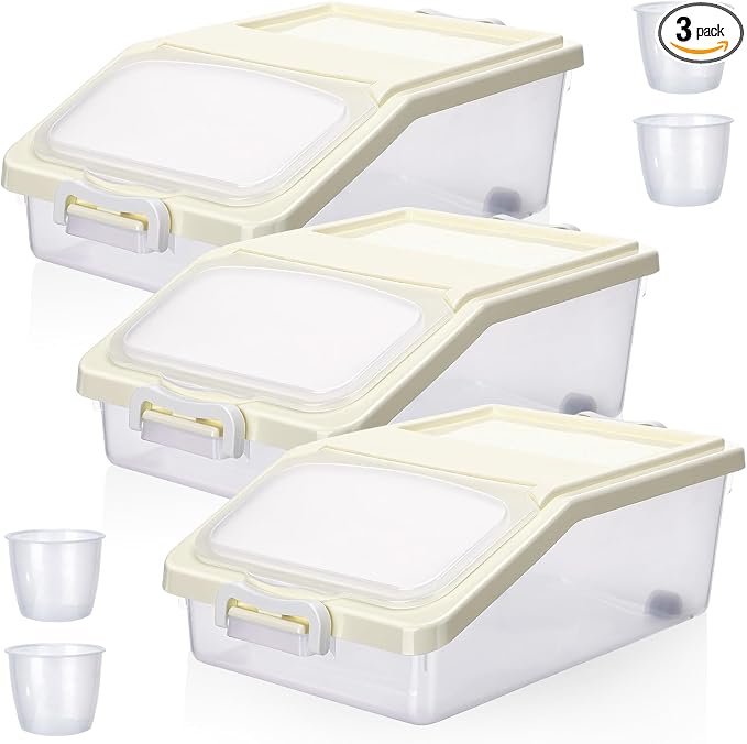 Blushtier 3 Pcs Rice Storage Container 11 lb Airtight Flour Container with Wheels Measuring Cup Clear Pet Food Dog Cat Birds Food Bin Grain Cereal Organizer Box for Dry Baking Supplies(Milky White)