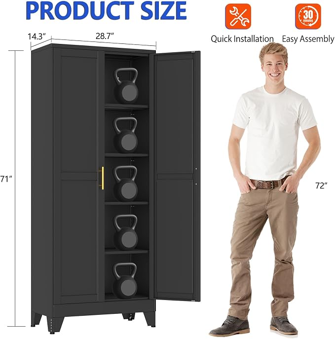 GAIOUS 71''Tall Metal Garage Storage Cabinet,File Cabinet with Door and Adjustable Shelves, Outdoor Steel Tool Cabinet for Home,Office,Warehouse,Garage,Black