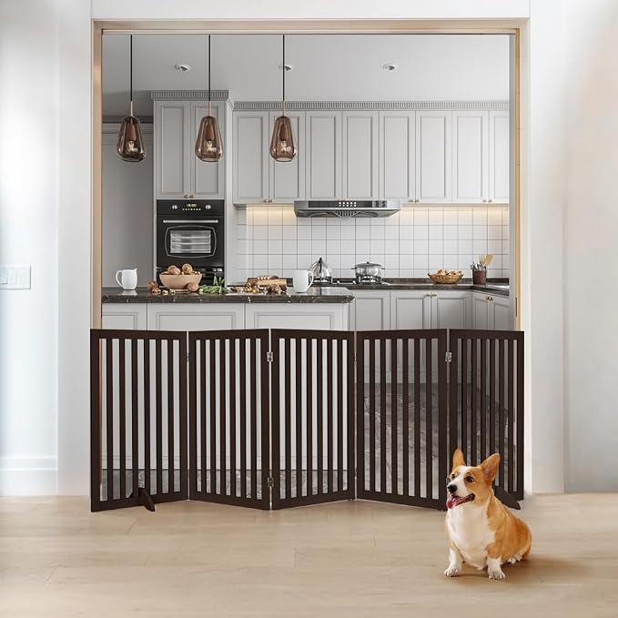 unipaws 36”H Free Standing Pet Gate for Dog Cat, 100”Wide Wooden Dog Gates | Foldable Pet Fence for Doorway, Stairs, Step, Expandable Doggy Barrier, Indoor Use