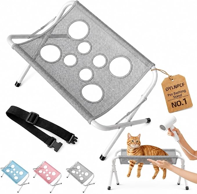 Cat Grooming Hammock,Foldable Pet Table For Dogs Home,Dog Bath Stand | Painted Iron Frame,Soft Breathable Sling,Secure Restraint,Portable Design,Small Breeds,Nail Care,Washing Support(Gray)