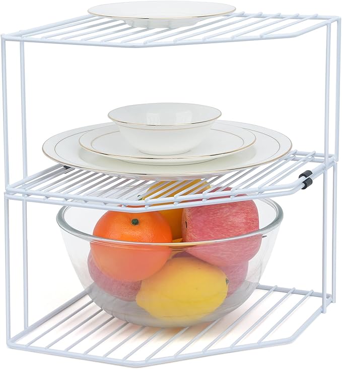 AKAZA 2Pcs 2-Tier Corner Stackable Organizer Shelf for Kitchen - Cabinet Storage Shelf Rack, Shelves，Kitchen Counter and Cabinet Shelf, Storage Rack Organizer (White)
