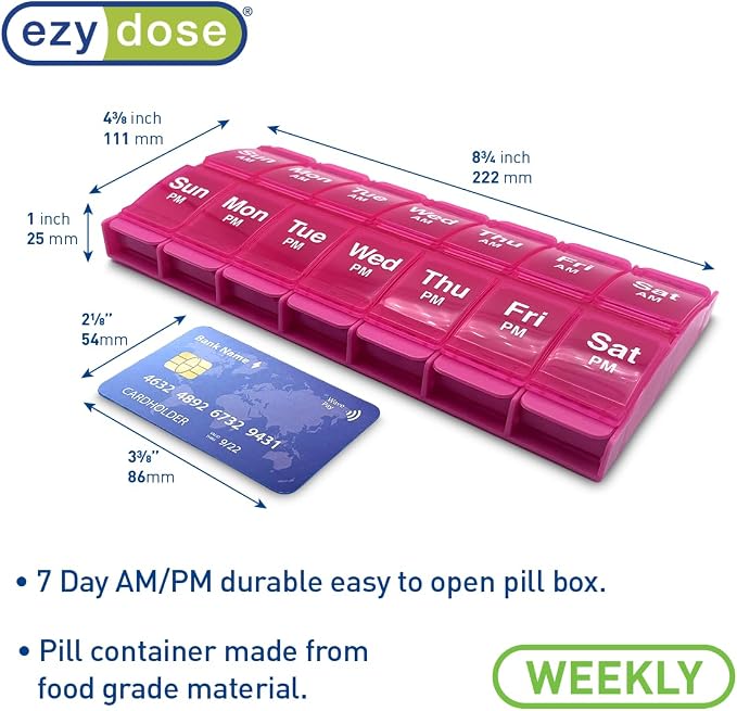 Ezy Dose Weekly (7-Day) AM/PM Pill Organizer, X-Large Medicine Case, Pink | Daily Vitamin Box & Supplement Planner, 2 Times a Day Push Button Compartments, Arthritis-Friendly, Travel-Friendly, BPA-Free