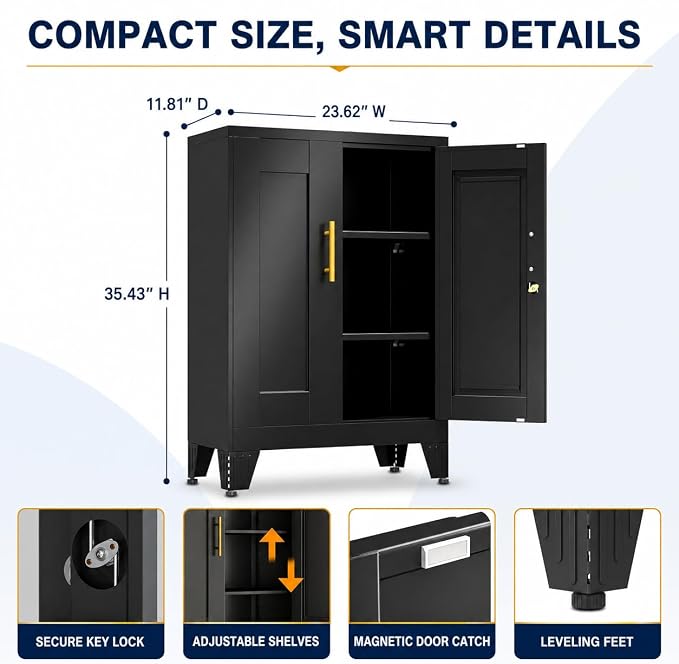 Small Metal Storage Cabinet, Lockable Tool Cabinet with Doors and 2 Shelves | Compact 23.6-Inch Width, 2 Adjustable Shelves, Locking Doors, Magnetic Closure, Adjustable Feet, Cold-Rolled Steel