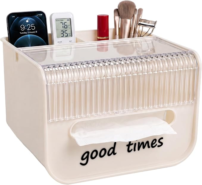 Tissue Box Cover with Storage Tray, Decorative Remote Organizer for Nightstand Bedroom Office Desk