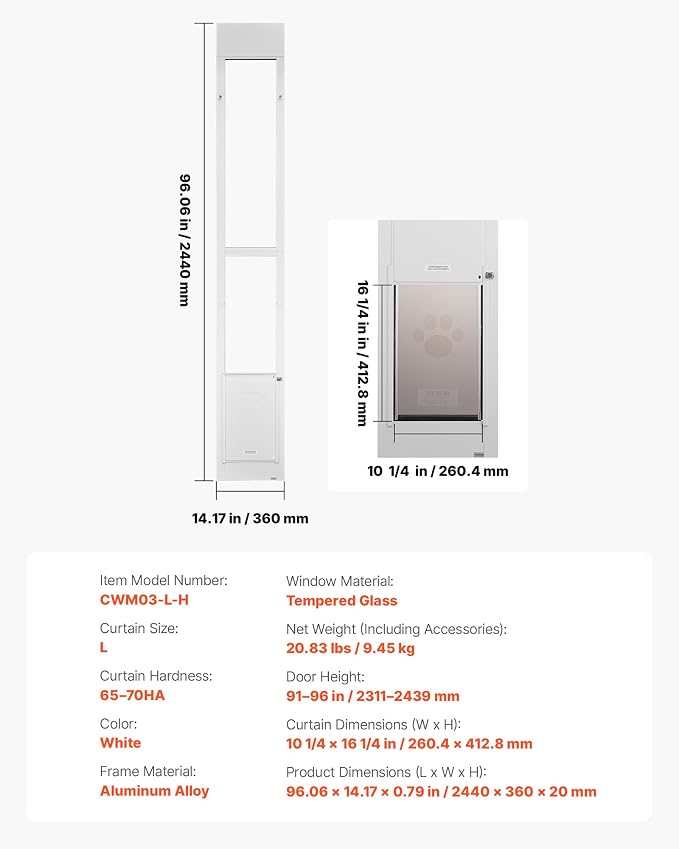 VEVOR Dog Door for Sliding Glass Door, 91 to 96 in Adjustable Height, Aluminum Alloy Frame with Metal Rotating Hinges, Lock Design, 10 1/4 x 16 1/4 in Flap, Sliding Glass Pet Door for Renters | For Medium-Sized Dogs and Pets, 91 to 96 in Adjustable Hei...