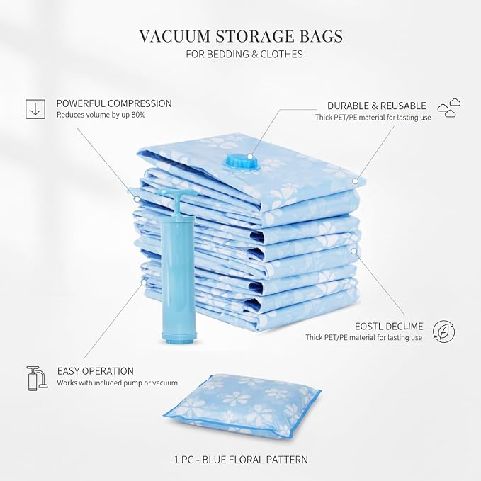 Vacuum Storage Bags, Reusable PET/PE Compression Sacks for Bedding and Clothes, Blue (1 PC)