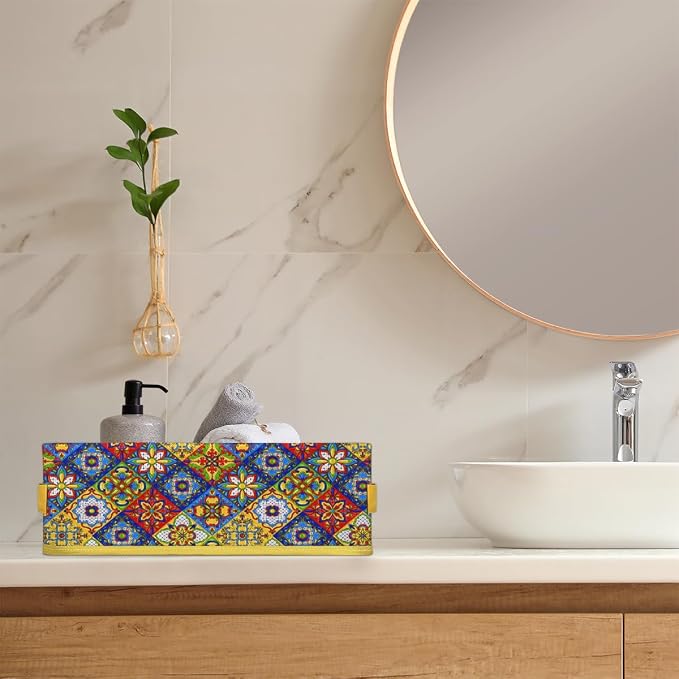 Mandragora Colorful Flowers Bathroom Storage Basket, Foldable with Handle Open Countertop Paper Towel Decorative Box, Toilet Tank Top Shelf Baskets for Home Closet Bedroom Living Room Office