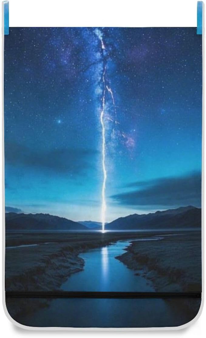 1PC Hanging Laundry Hamper Bag Over the Door Laundry Hamper Wall Hamper Large Dirty Clothes Hamper with Stainless Steel Hooks 29.5x20Inch Lightning Starry Sky River Deep Blue